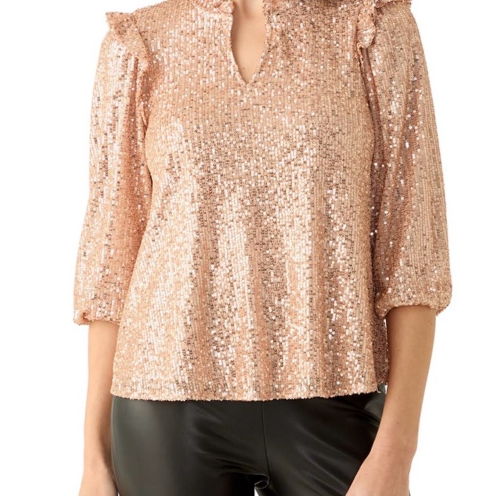 Crown & Ivy Champagne Sequin Ruffle neck/shoulder V-Neck 3/4 Sleeve Top size S